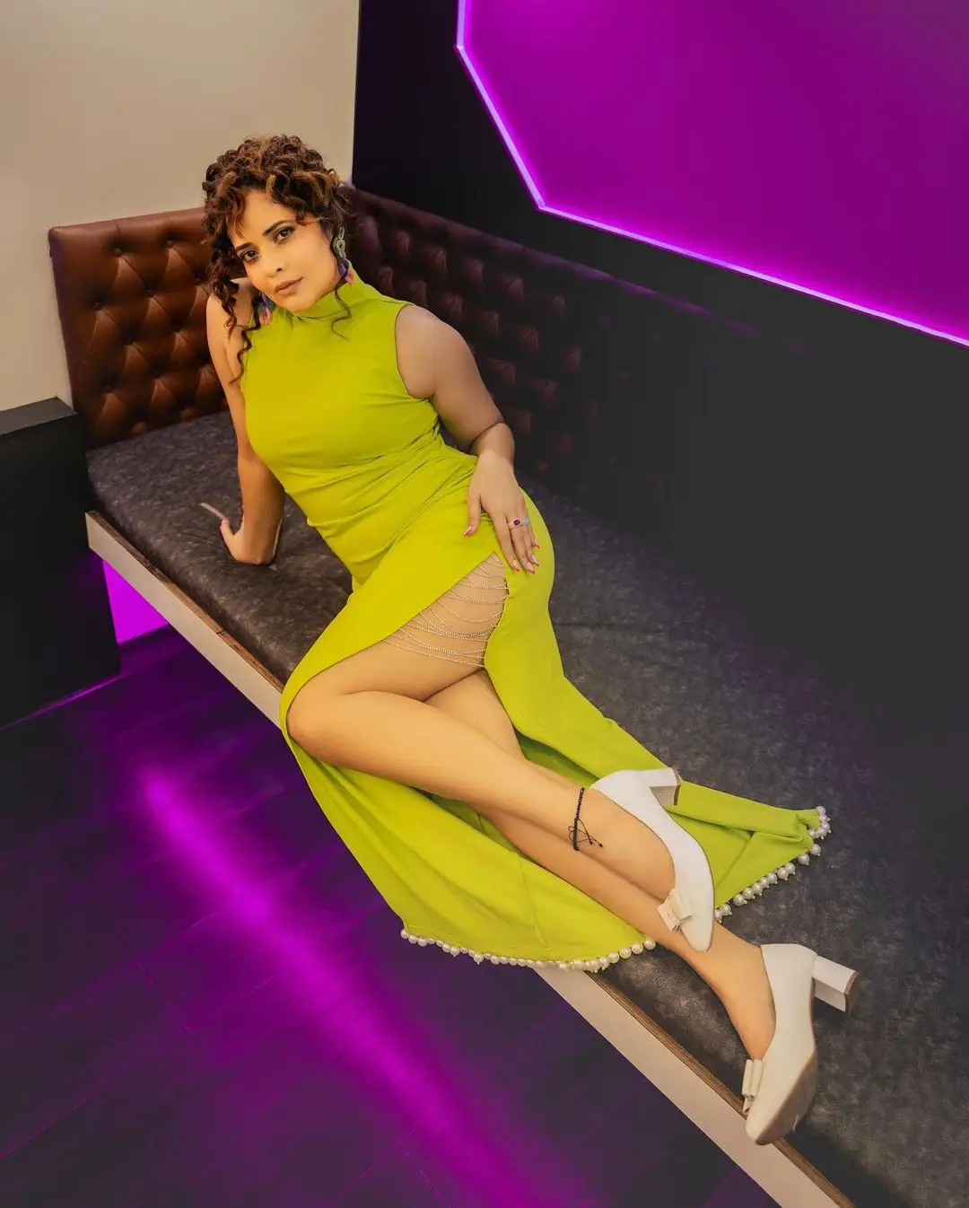 Anasuya Bharadwaj Long Legs Show in Lemon Green Gown